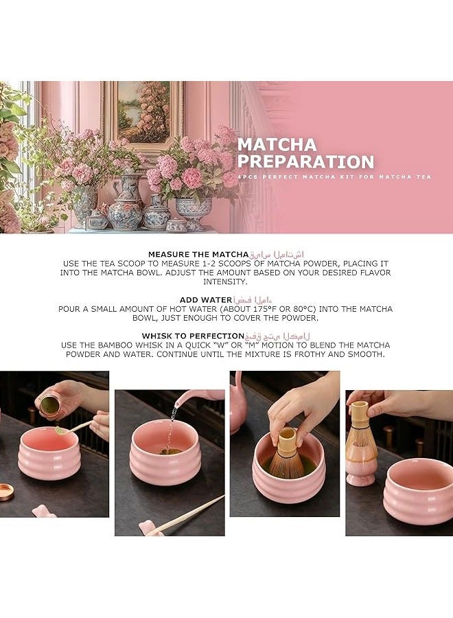 BOUND MOAT 4 Piece Matcha Tea Set Matcha Whisk Kit Matcha Ceramic Bowl Matcha Whisk, White Whisk Holder Traditional Scoop Perfect Set to a Traditional of Matcha Tool (Pink) - Image 4