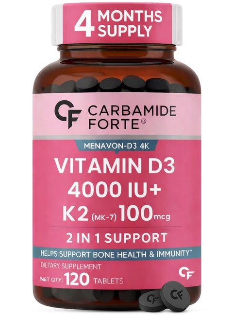 Carbamide Forte Vitamin D3 K2 4000IU (MK7) | Vitamin D K2 Supplement for Bone & Heart Health | High Strength D3 K2 Mk7 |120 Veg Tablets