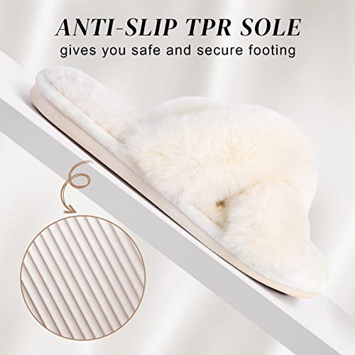 Parlovable Women's Fuzzy Slippers Comfy Cross Band House Shoes Memory Foam Open Toe Indoor Gifts for Ladies Off-white 9-10 - Image 4