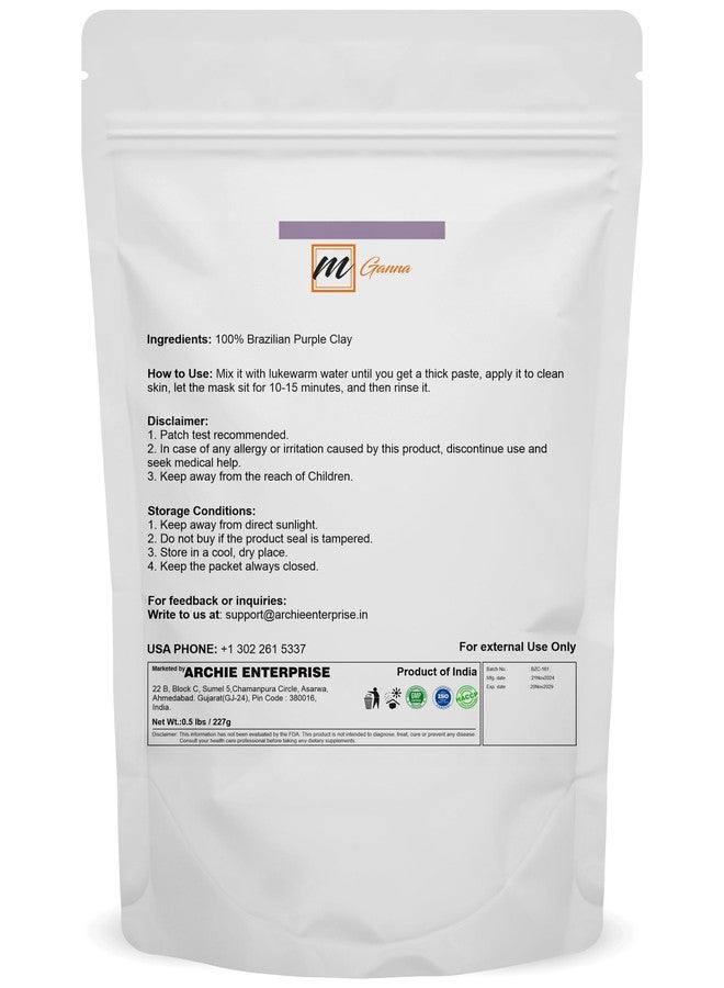mGanna 100% Natural Brazilian Purple Clay Powder for Face packs, Creams and Soaps and other Cosmetic Formulations 0.5 lbs / 227 gms - Image 2