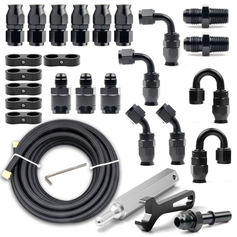 Medoon 8AN PTFE Fuel Line Kit 1332 Nylon Stainless Steel Braided LS Swap EFI E85 Injection Fuel Hose Fitting AN8 26FT