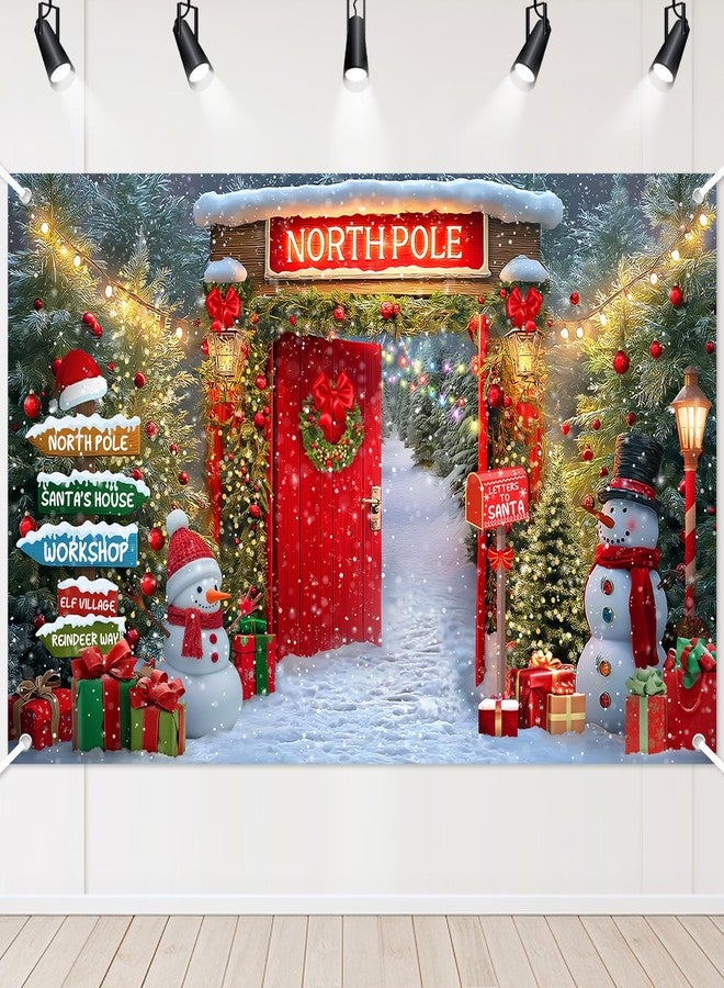 Lecheme Christmas Backdrop for Photography North Pole Santa's House Banner Snowy Forest Red Barn Door Christmas Banner Xmas Holiday Family Photo Background Party Decorations - Image 1