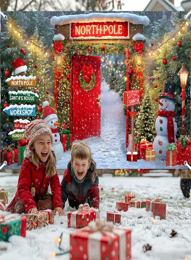 Lecheme Christmas Backdrop for Photography North Pole Santa's House Banner Snowy Forest Red Barn Door Christmas Banner Xmas Holiday Family Photo Background Party Decorations - Image 4