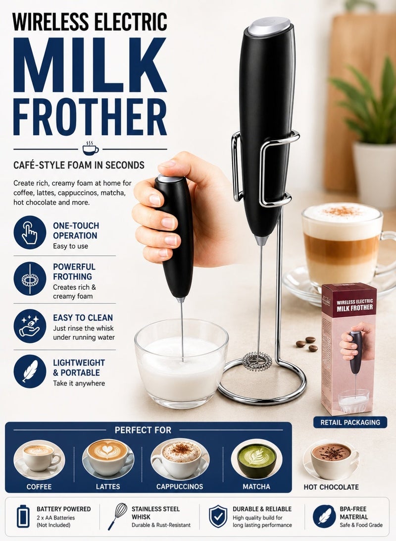 BGM Electric Milk Frother Handheld with Stainless Steel Stand Battery Powered Foam Maker, Whisk Drink Mixer Mini Blender For Coffee, Frappe, Latte, Matcha, Hot Chocolate - Image 2