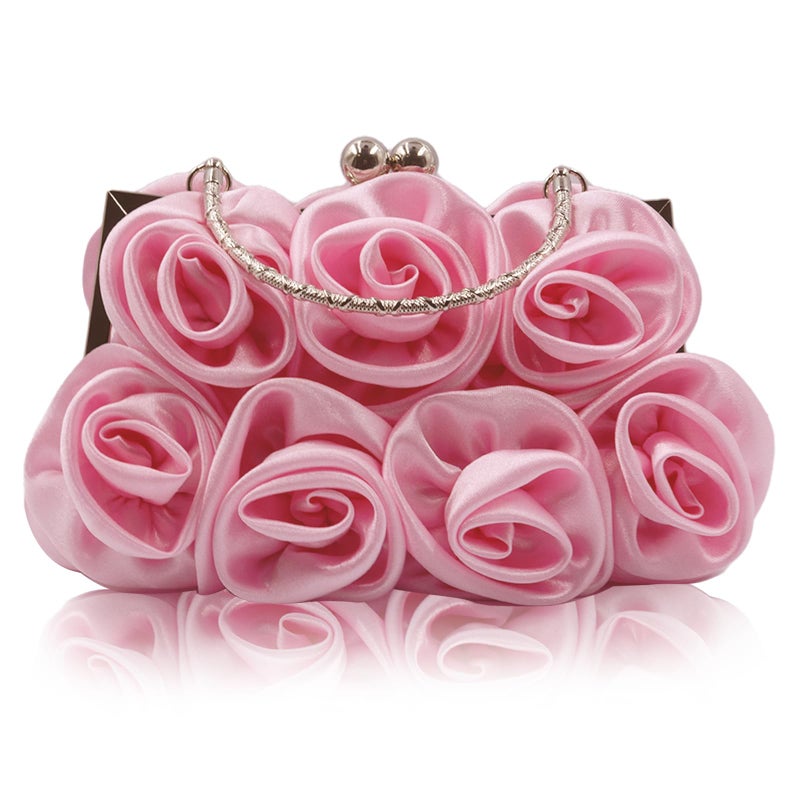 JAMBHALA Women Evening Clutch Bag Dressy Floral Satin Small Purses with Detachable Strap for Party, Prom, Formal, Pink - Image 1