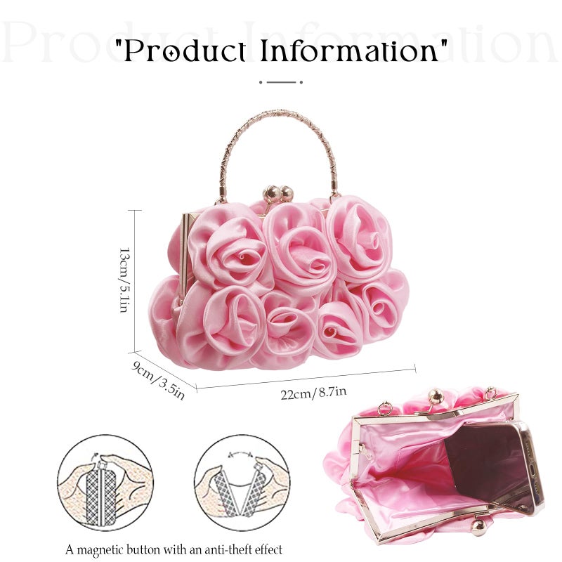 JAMBHALA Women Evening Clutch Bag Dressy Floral Satin Small Purses with Detachable Strap for Party, Prom, Formal, Pink - Image 4