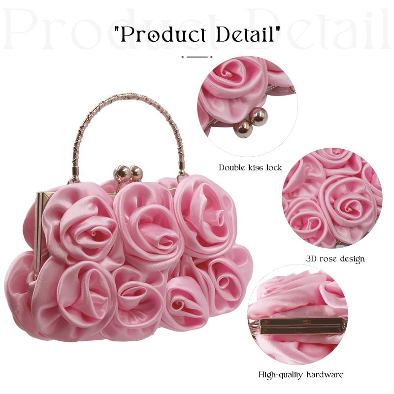 JAMBHALA Women Evening Clutch Bag Dressy Floral Satin Small Purses with Detachable Strap for Party, Prom, Formal, Pink - Image 5
