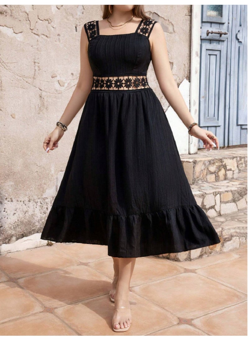 مانيكان فستان مانيكان نسائي من القطن متوسط الطول مع تفاصيل من الدانتيل الزهري وفتحة رقبة مربعة بدون أكمام - Image 1