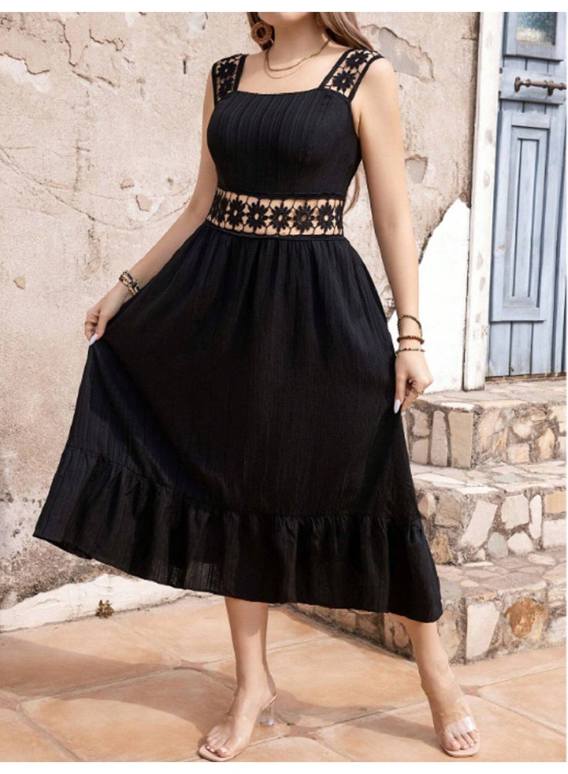 مانيكان فستان مانيكان نسائي من القطن متوسط الطول مع تفاصيل من الدانتيل الزهري وفتحة رقبة مربعة بدون أكمام - Image 4