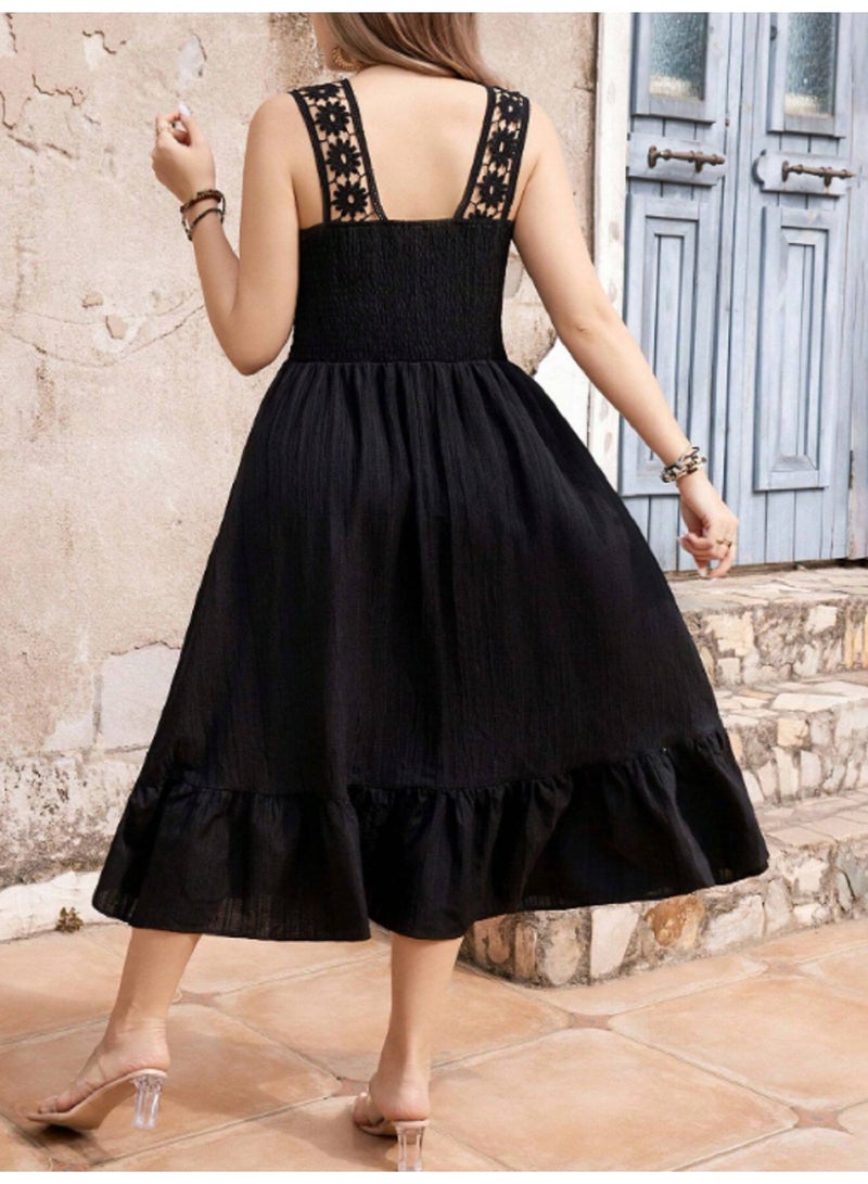 مانيكان فستان مانيكان نسائي من القطن متوسط الطول مع تفاصيل من الدانتيل الزهري وفتحة رقبة مربعة بدون أكمام - Image 2