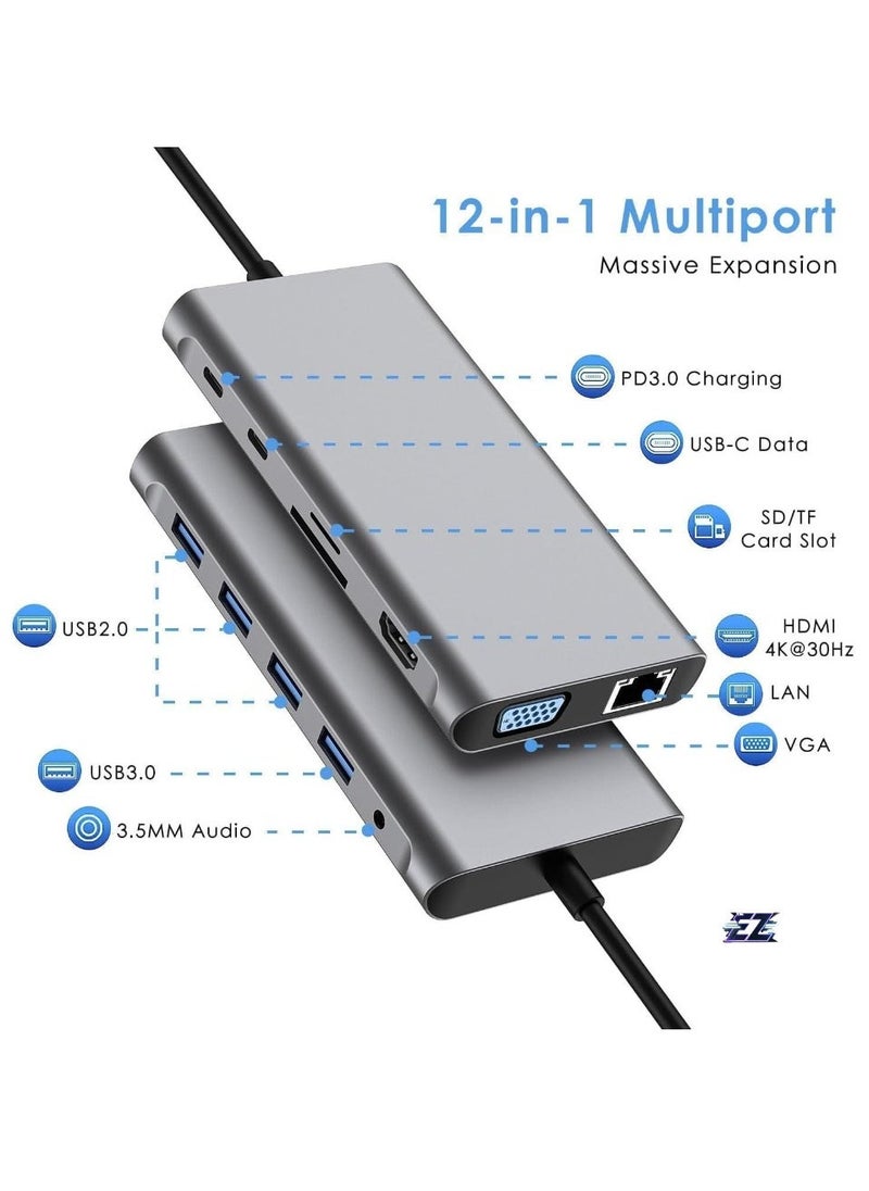 ELTRAZONE 12-in-1 USB C Hub Docking Station with 4K HDMI, VGA, USB 3.0, Ethernet, SD/TF Card Reader, and More – Perfect for MacBook Pro, MacBook Air & Type-C Devices – Expand Your Workstation - Image 1