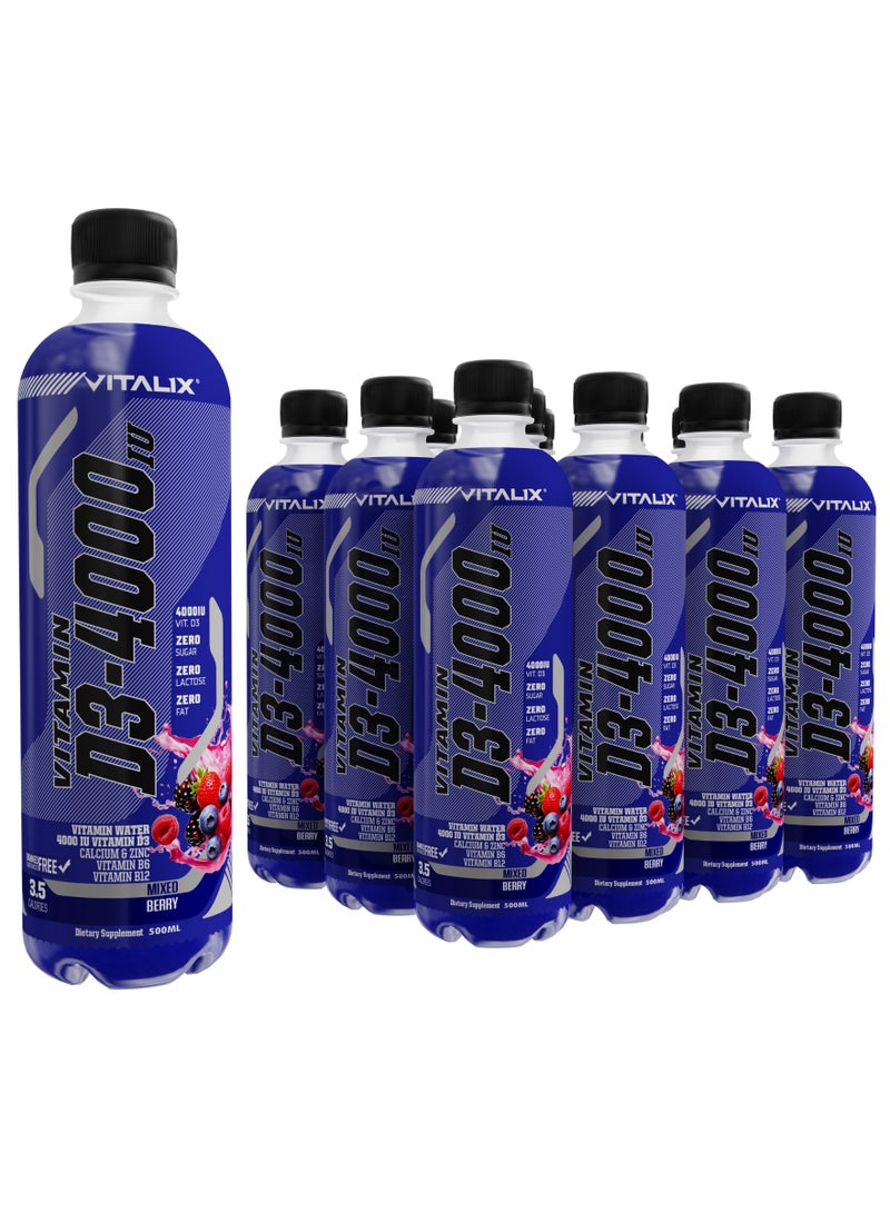 فيتاليكس فيتامين D3-4000 ماء فيتامين، نكهة المكس بيري خالٍ من السكر، مع الكالسيوم والزنك، 500 مل، عبوة من 12 قارورة - Image 1
