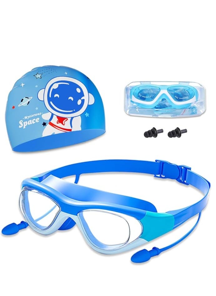 Yoawllty Yoawllty Swimming Goggles with Earplug, Swim Cap for Kids, Silicone Cartoon Swim Cap, No Leaking Soft Silicone Protection Lenses Waterproof Goggles for Children（Blue） 