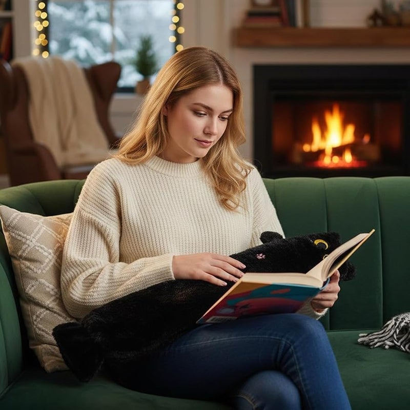 قربة ماء ساخن على شكل قطة سوداء بسعة 1 لتر بغطاء مخملي مقاوم للتسرب وسادة حرارية علاجية للسفر - Image 4