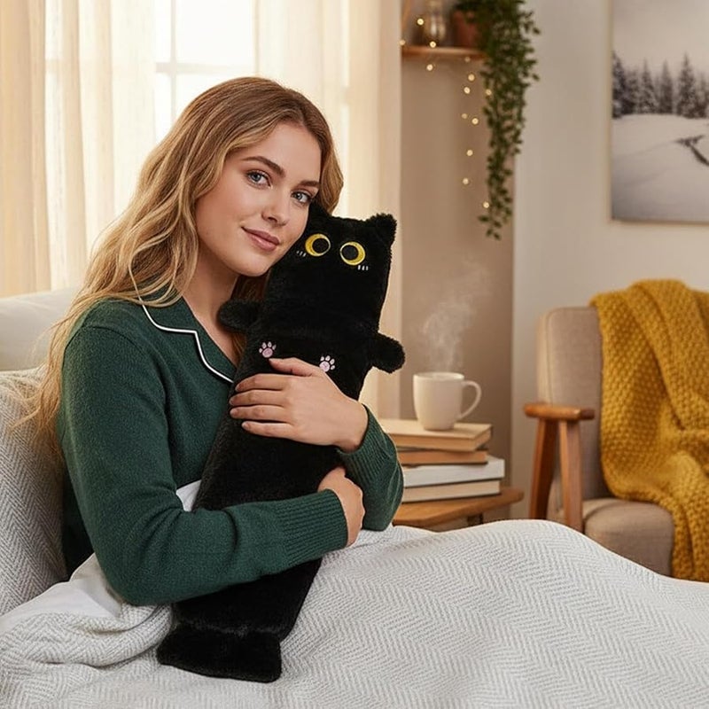 قربة ماء ساخن على شكل قطة سوداء بسعة 1 لتر بغطاء مخملي مقاوم للتسرب وسادة حرارية علاجية للسفر - Image 5