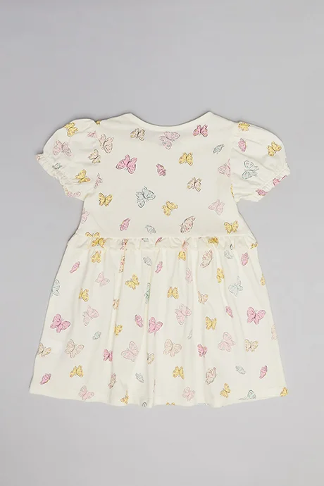 R&B Printed Fit & Flare Dress with Crew Neck and Puff Sleeves