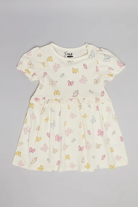R&B Printed Fit & Flare Dress with Crew Neck and Puff Sleeves