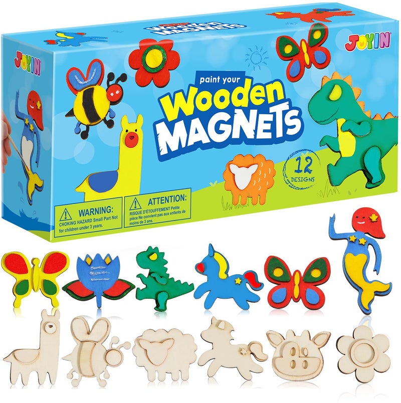 JOYIN 12 Wooden Magnet Creativity Arts & Crafts Painting Kit for Kids, Decorate Your Own Painting Gift for Easter Basket Stuffers, Birthday Parties and Family Crafts, Party Favors for Boys Girls - Image 1