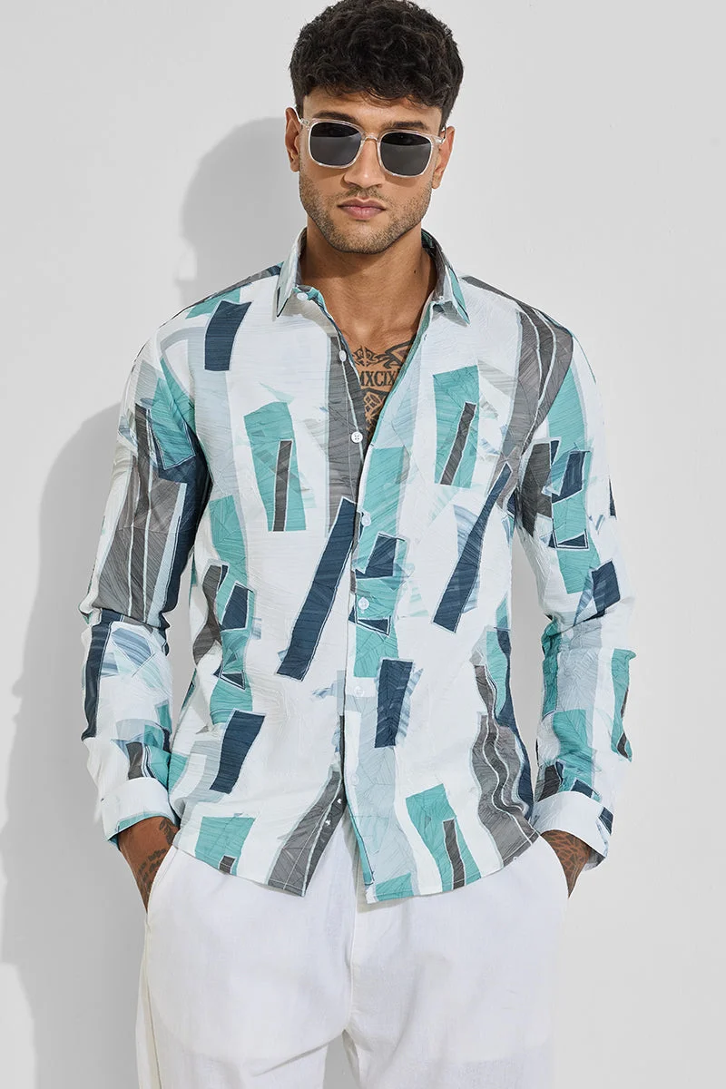 سنيتش Turquoise Abstract Long Sleeve Slim Fit Casual Shirt