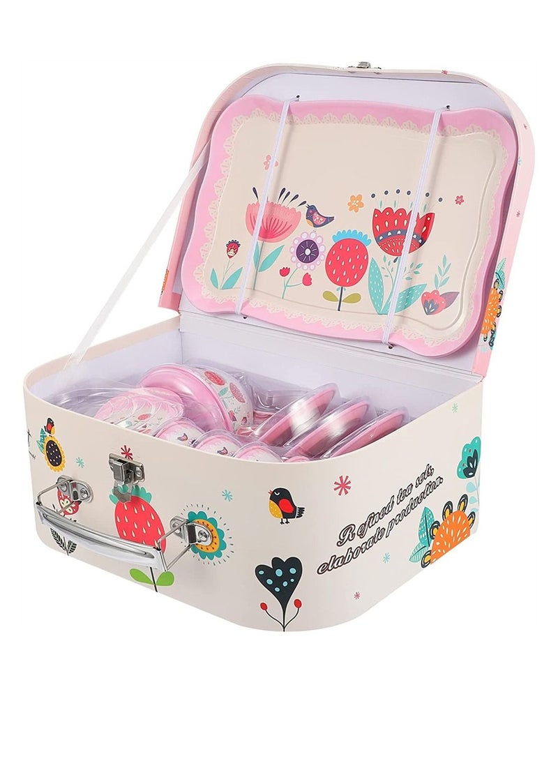 Excefore Tea Set for Little Girls Pink Tin Tea Party Set for Toddlers Afternoon Tea Time Playset with Metal Teapots Tea Cups Play Dishes Princess Toys with Carry Case Kids Kitchen Dress Up Play Tea Set - Image 1