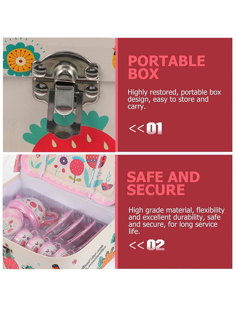 Excefore Tea Set for Little Girls Pink Tin Tea Party Set for Toddlers Afternoon Tea Time Playset with Metal Teapots Tea Cups Play Dishes Princess Toys with Carry Case Kids Kitchen Dress Up Play Tea Set - Image 5