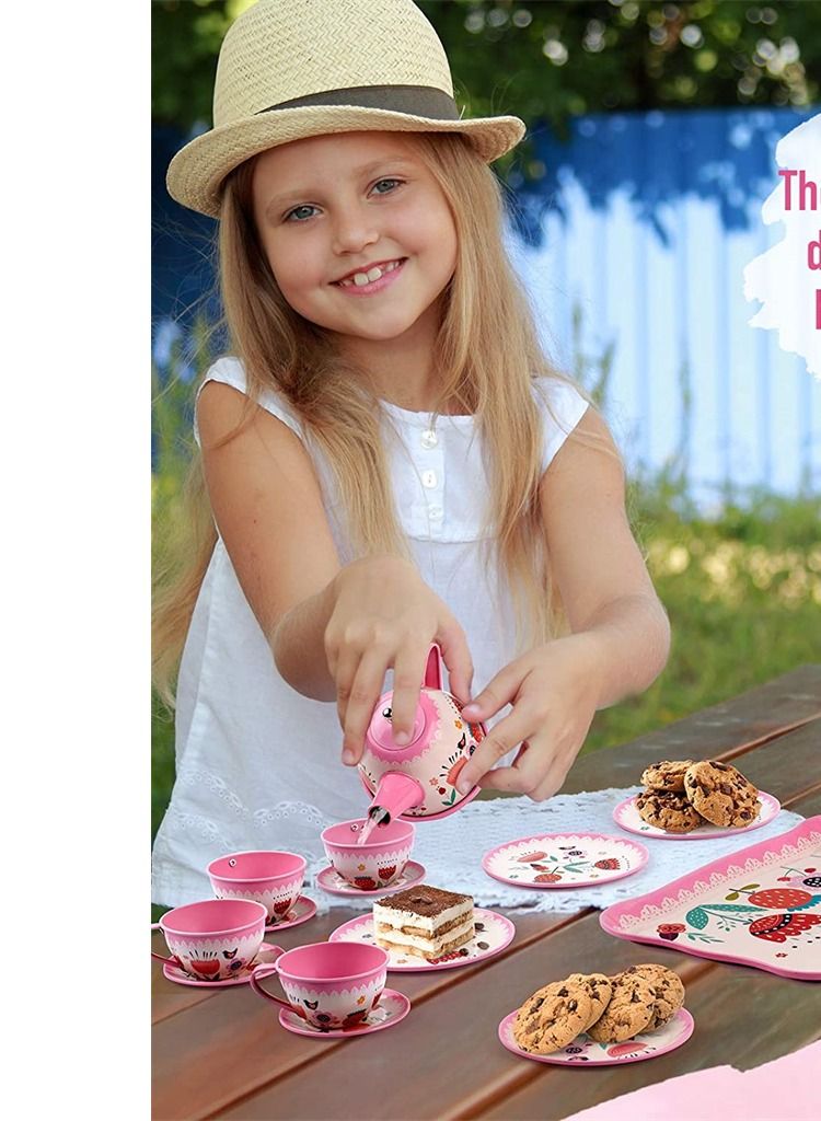 Excefore Tea Set for Little Girls Pink Tin Tea Party Set for Toddlers Afternoon Tea Time Playset with Metal Teapots Tea Cups Play Dishes Princess Toys with Carry Case Kids Kitchen Dress Up Play Tea Set - Image 4
