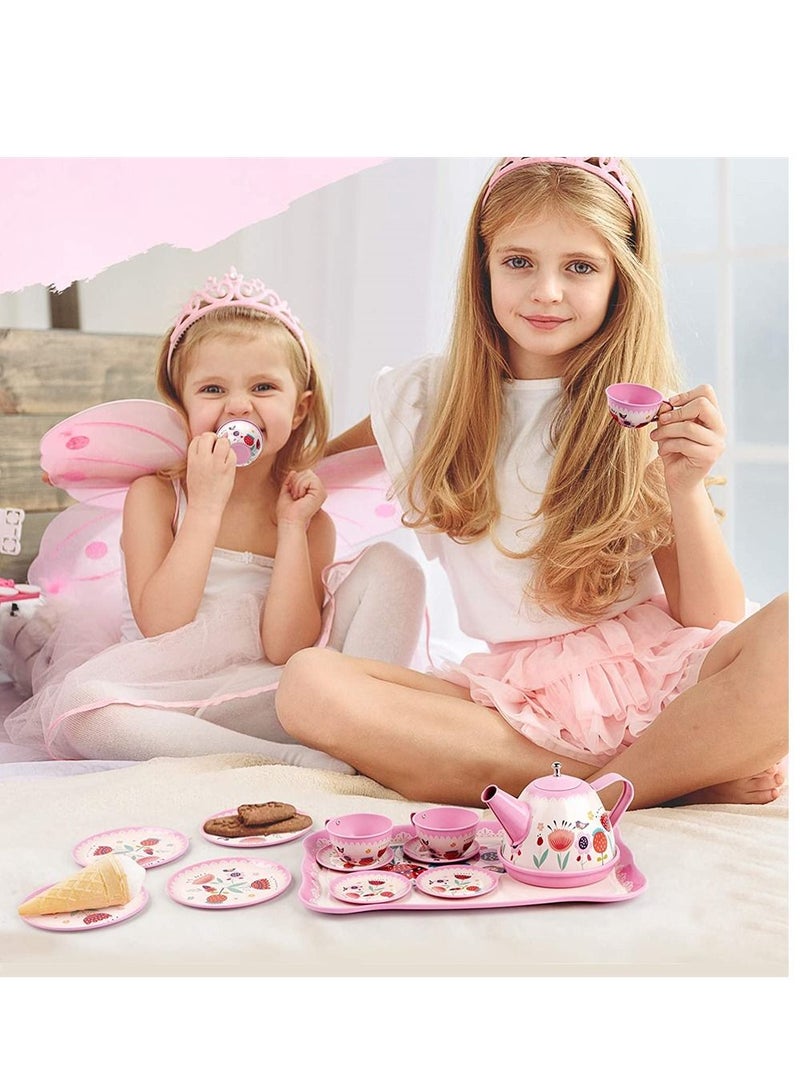 Excefore Tea Set for Little Girls Pink Tin Tea Party Set for Toddlers Afternoon Tea Time Playset with Metal Teapots Tea Cups Play Dishes Princess Toys with Carry Case Kids Kitchen Dress Up Play Tea Set - Image 3