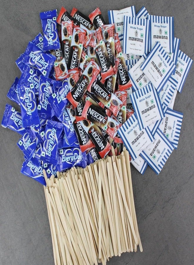 SFU E Com Nescafae Classic Coffee Sachets With Mawana Brown Sugar Sachets Combo With Everyday Dairy Creamer | Stirrer Stick, Brown Sugar, Coffee, Creamer (Each 100) - Image 1