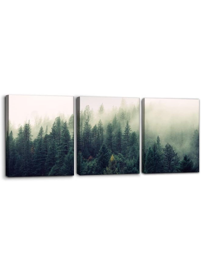 Pacimo Canvas Print Wall Art Set Aerial View of Pine Trees in Mist Nature Wilderness Photography Realism Rustic Scenic Modern Artwork Decor Stretch and Framed Ready to Hang - 12"x16"x3 Panels - Image 1