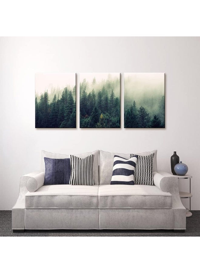 Pacimo Canvas Print Wall Art Set Aerial View of Pine Trees in Mist Nature Wilderness Photography Realism Rustic Scenic Modern Artwork Decor Stretch and Framed Ready to Hang - 12"x16"x3 Panels - Image 2