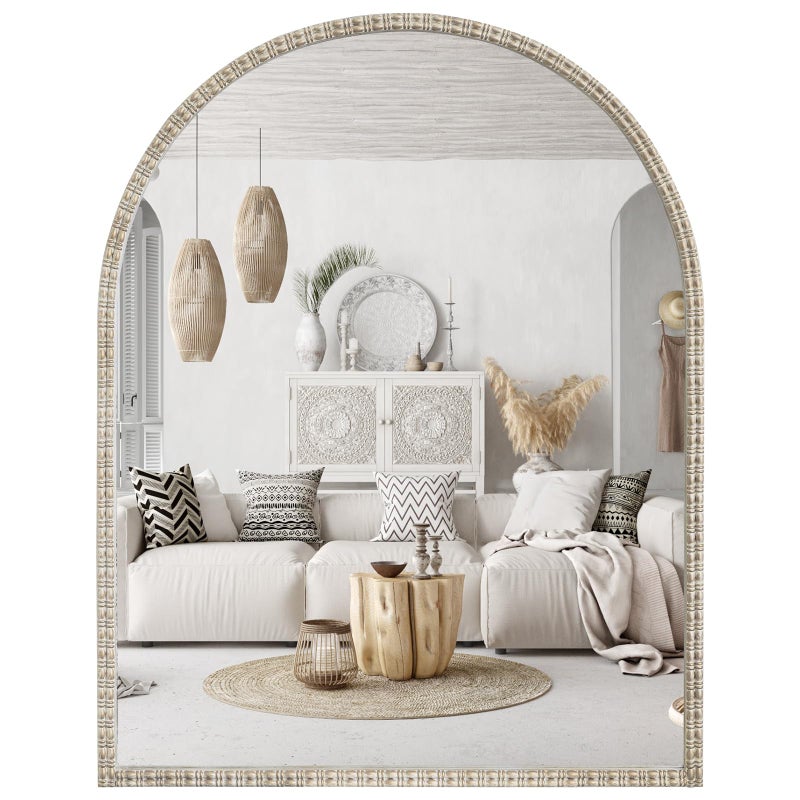 WallBeyond White&Gold Vintage Mirror for Vanity 28x36 Inch, Gold Antique Mirror with Ornate Frame, Arched Vintage for Bathroom, Living Room, Fireplace, Entryway - Image 1