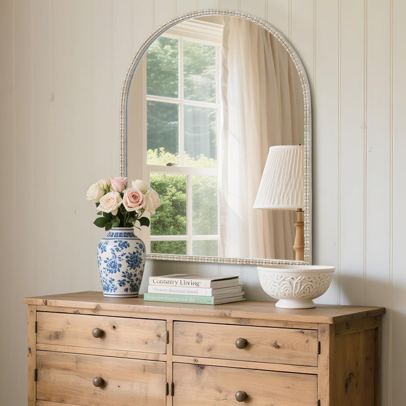 WallBeyond White&Gold Vintage Mirror for Vanity 28x36 Inch, Gold Antique Mirror with Ornate Frame, Arched Vintage for Bathroom, Living Room, Fireplace, Entryway - Image 4