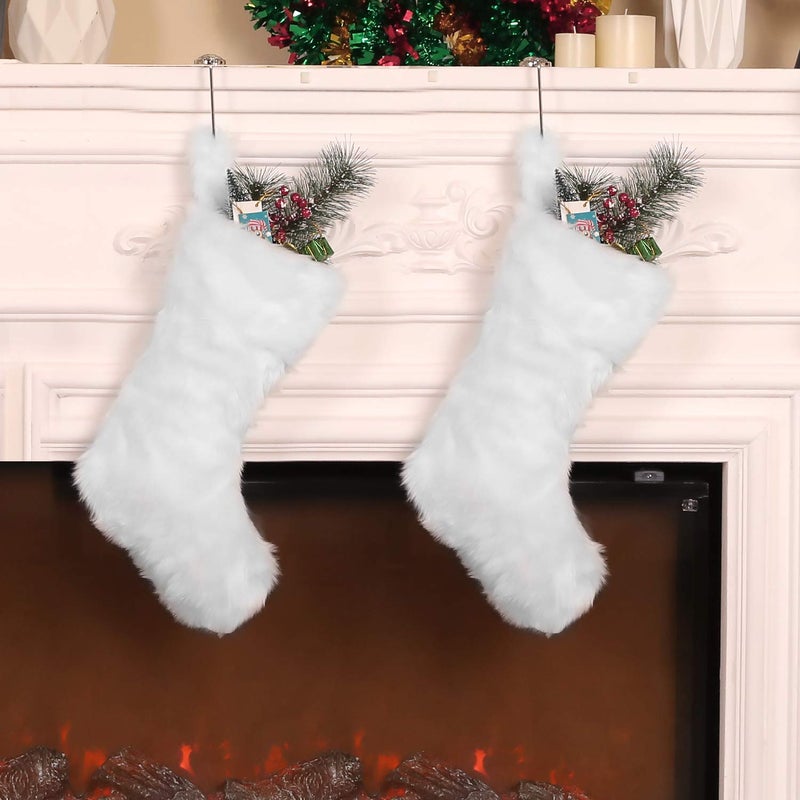 Pangda 2 Pcs 20 Inch White Christmas Stocking Faux Fur Stocking Snowy Stocking Fireplace Hanging Stocking Christmas Stocking Gift Bags for Xmas Family Party Decoration