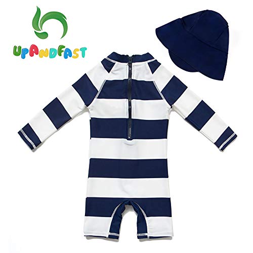 upandfast Kids One Piece Zip Sunsuit with Sun Hat UPF 50+ Sun Protection Baby Beach Swimsuit (Stripe(LS), 9-12 Months) - Image 2