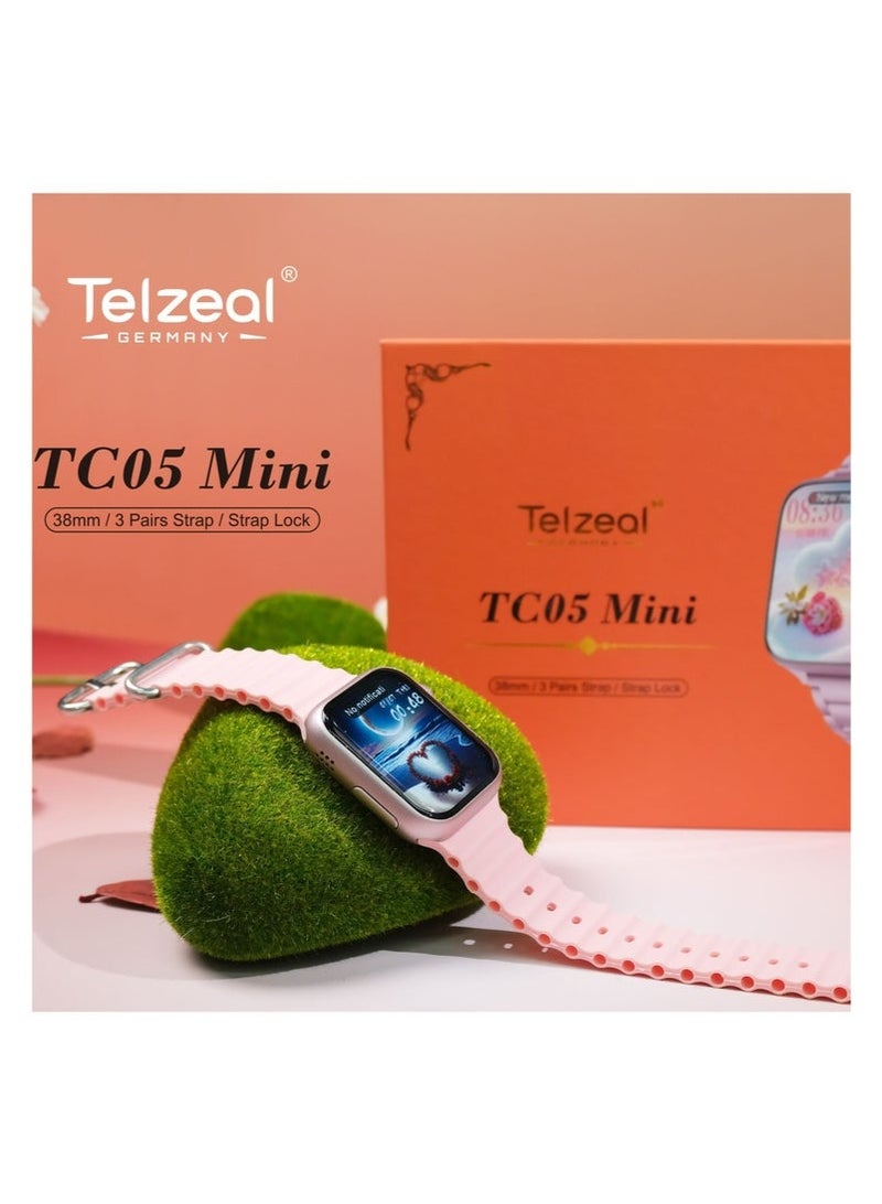 Telzeal TC05 Mini Smartwatch with 38mm HD Display, Includes 3 Pairs of Interchangeable Straps & Strap Lock, Bluetooth Calling, Fitness & Health Tracker, Notifications, Stylish Lightweight Design for Women & Teens – Pink - Image 3