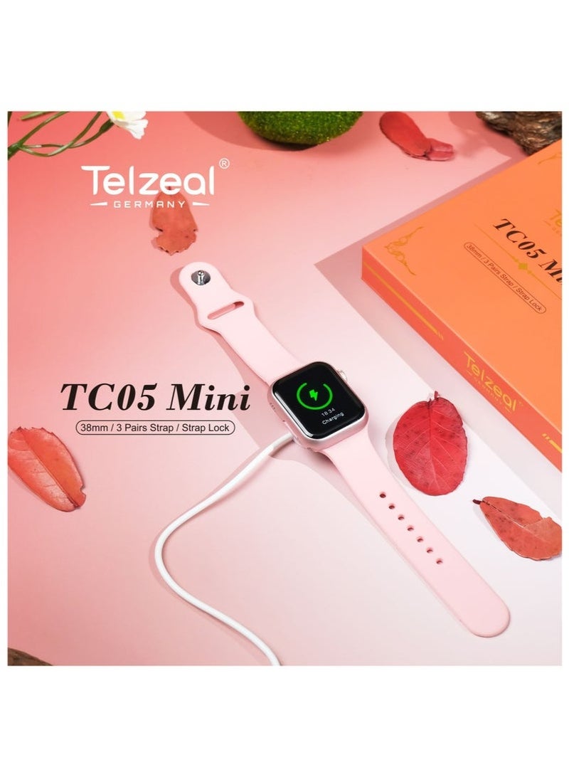 Telzeal TC05 Mini Smartwatch with 38mm HD Display, Includes 3 Pairs of Interchangeable Straps & Strap Lock, Bluetooth Calling, Fitness & Health Tracker, Notifications, Stylish Lightweight Design for Women & Teens – Pink - Image 4