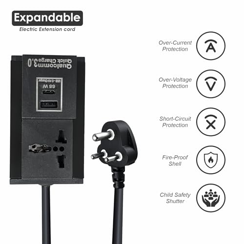 MX Extension Board with USB-C PD 65W & USB-A Port – Universal 3-Pin Socket, 6A to 13A, Flame-Retardant Body, Safety Shutter, 1.5 Meter Heavy-Duty Cable, Power Strip for Home & Office - Image 4