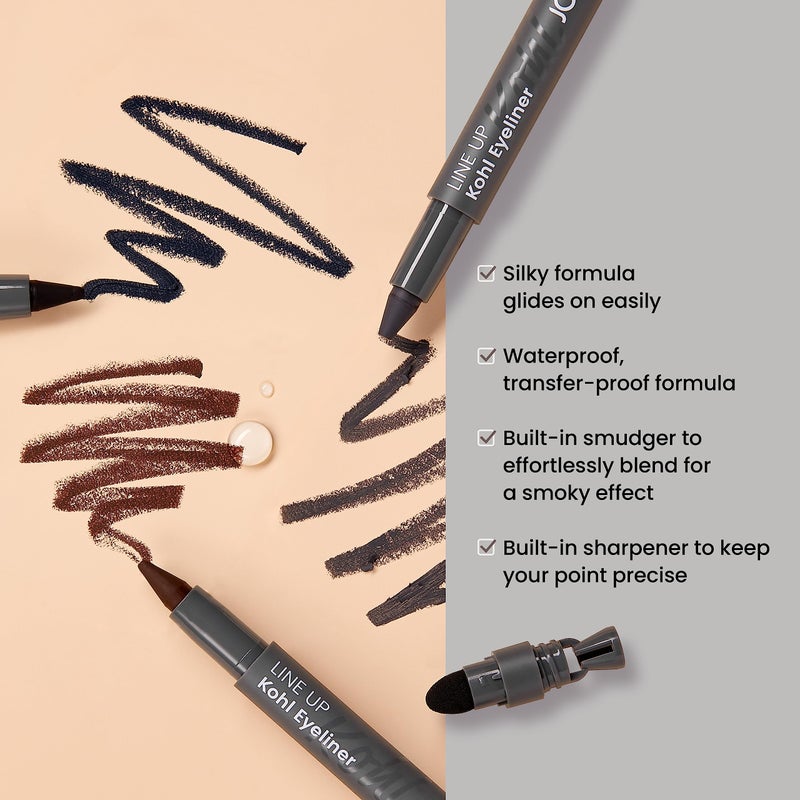JOAH Beauty LINE UP Kohl Eyeliner, Ultra-Smooth & Highly Pigmented Silky Formula, Argan Oil Infused, Longwear, Transfer-Proof, Waterproof, Built-In Smudger & Sharpener - Charcoal - Image 2