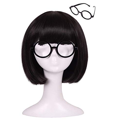 ColorGround Kids Size Short Straight Black Natural Cosplay Wig with Glasses frame - Image 1