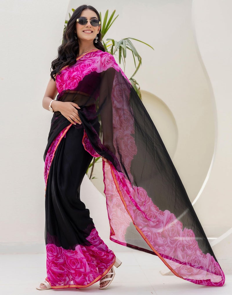 SIRIL Women's Chiffon Printed Saree with Unstitched Blouse Piece (4473S240_Black & Pink1) - Image 2