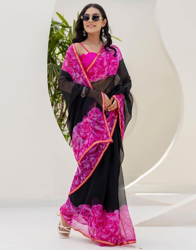 SIRIL Women's Chiffon Printed Saree with Unstitched Blouse Piece (4473S240_Black & Pink1) - Image 3