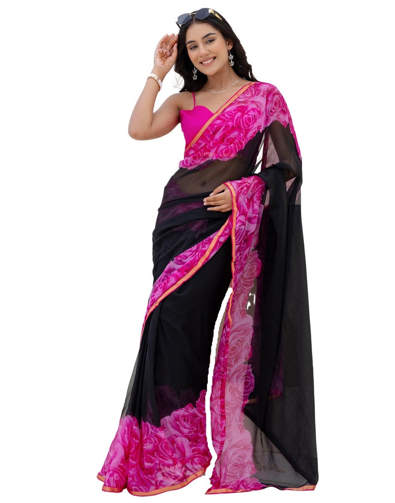 SIRIL Women's Chiffon Printed Saree with Unstitched Blouse Piece (4473S240_Black & Pink1) - Image 1