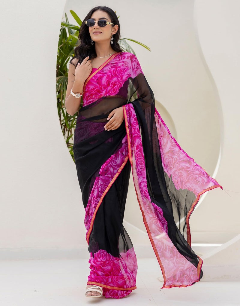 SIRIL Women's Chiffon Printed Saree with Unstitched Blouse Piece (4473S240_Black & Pink1) - Image 5