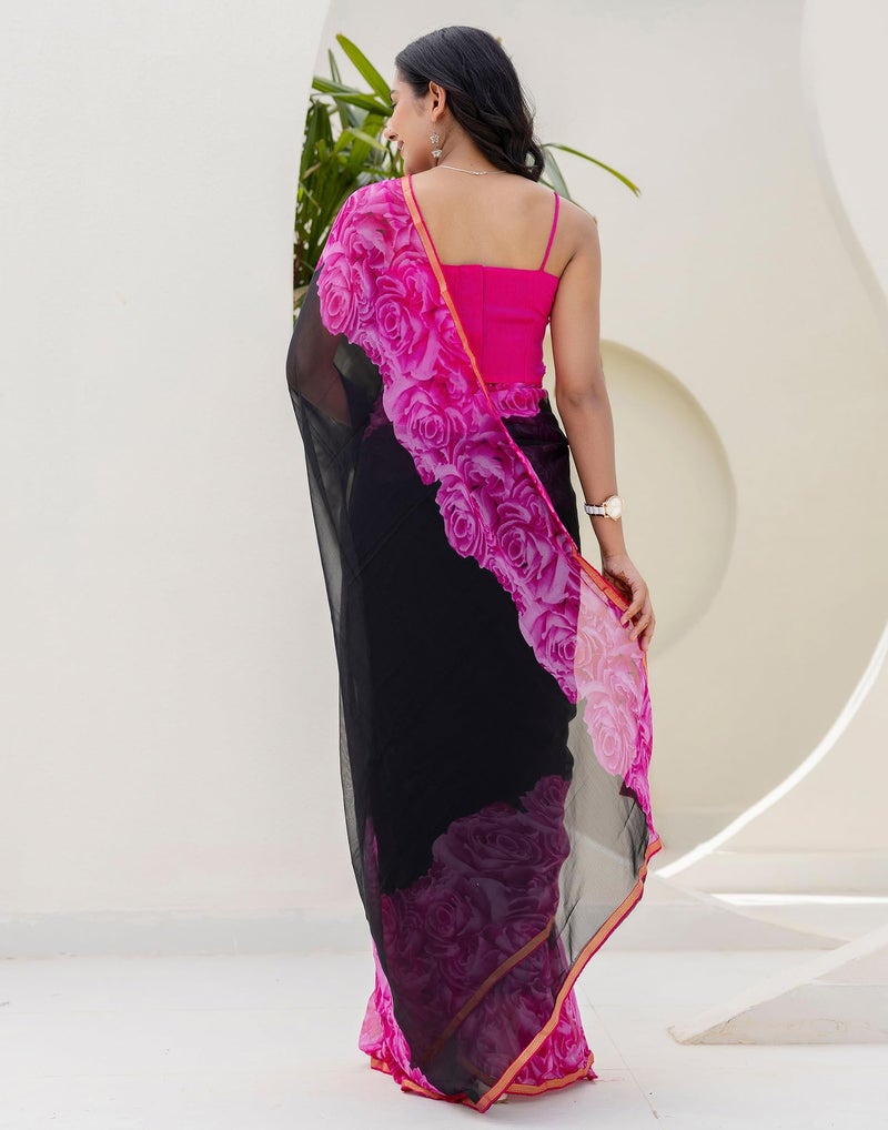 SIRIL Women's Chiffon Printed Saree with Unstitched Blouse Piece (4473S240_Black & Pink1) - Image 4