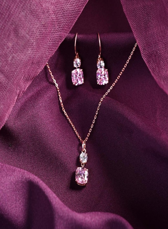 Clara 925 Sterling Silver Rosa Pendant Earring Chain Jewellery Set | Rose Gold Plated, Swiss Zirconia | Gift for Women & Girls - Image 2