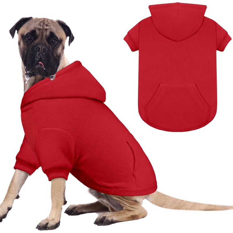 Waoduld Dog Sweaters for Large Dogs,Extra-Large Dog Hoodie,Warm Fleece Sweatshirt with Hood & Pocket,Leash Hole,Cozy Cold Weather Pet Clothes Sweater Hoodie for Large Dogs(Red,XXL) - Image 1