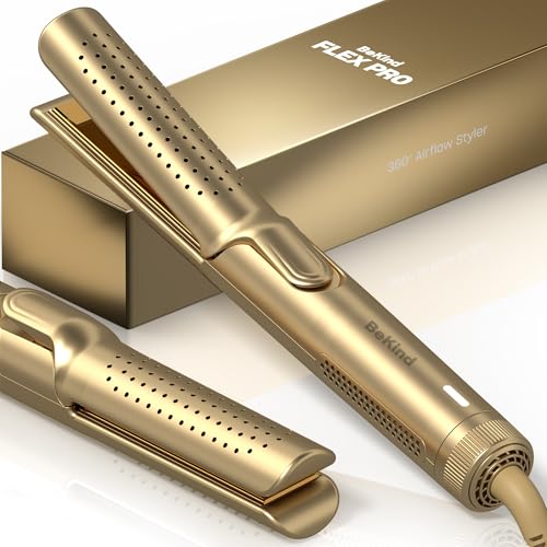 BeKind مستقيم الشعر ومجعد 2 في 1 من بي كايند فليكس، مكواة شعر مسطحة 360° لجميع الأنماط، تصميم ألواح عائمة، درجة حرارة منخفضة Airflex لتصفيف أفضل، هدية للفتيات والنساء - ذهبي - Image 1
