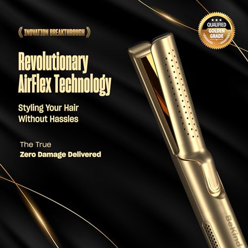 BeKind مستقيم الشعر ومجعد 2 في 1 من بي كايند فليكس، مكواة شعر مسطحة 360° لجميع الأنماط، تصميم ألواح عائمة، درجة حرارة منخفضة Airflex لتصفيف أفضل، هدية للفتيات والنساء - ذهبي - Image 2