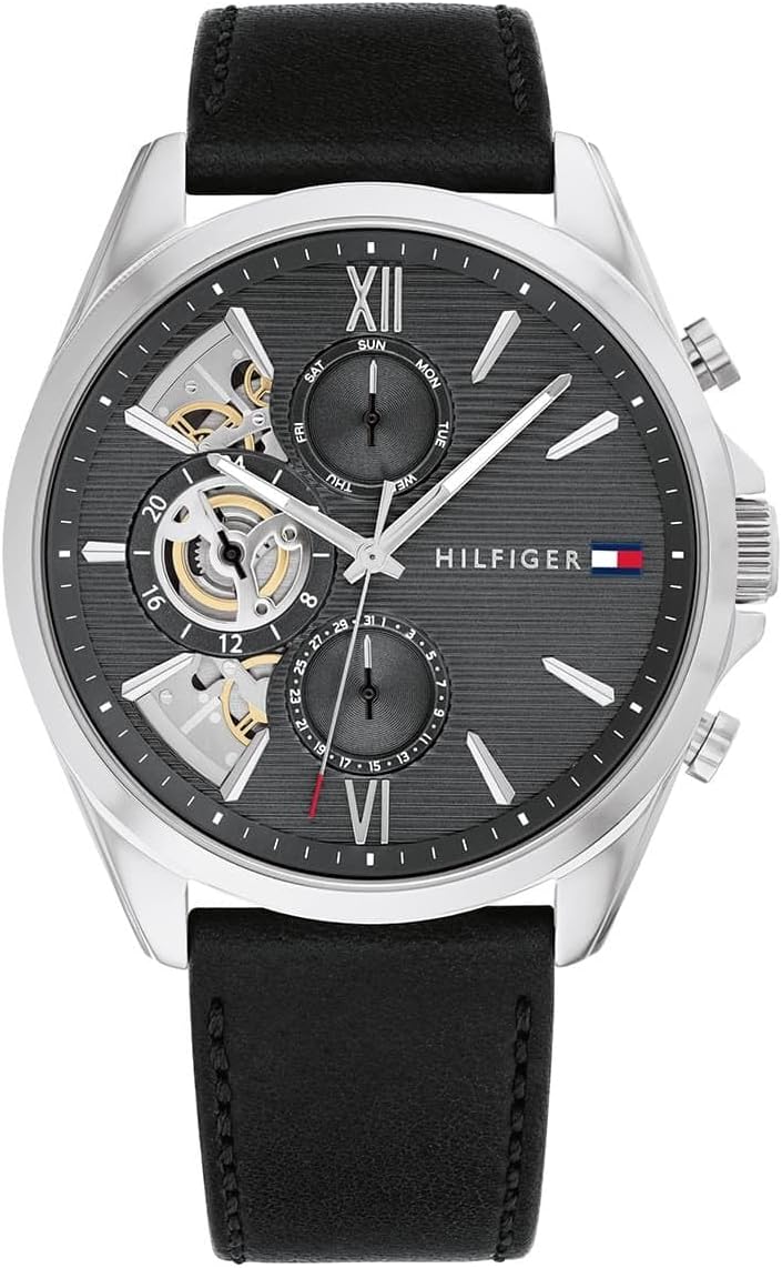 Tommy Hilfiger Men's Dark Grey Dial Black Leather Strap Watch - Image 1