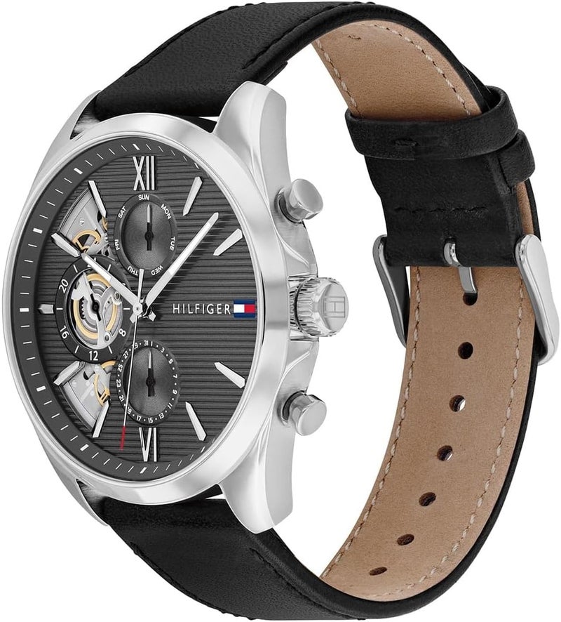 Tommy Hilfiger Men's Dark Grey Dial Black Leather Strap Watch - Image 2
